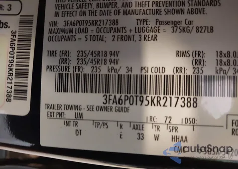 2019 Ford Fusion Se z USA, uszkodzony, nr VIN 3FA6P0T95KR217388